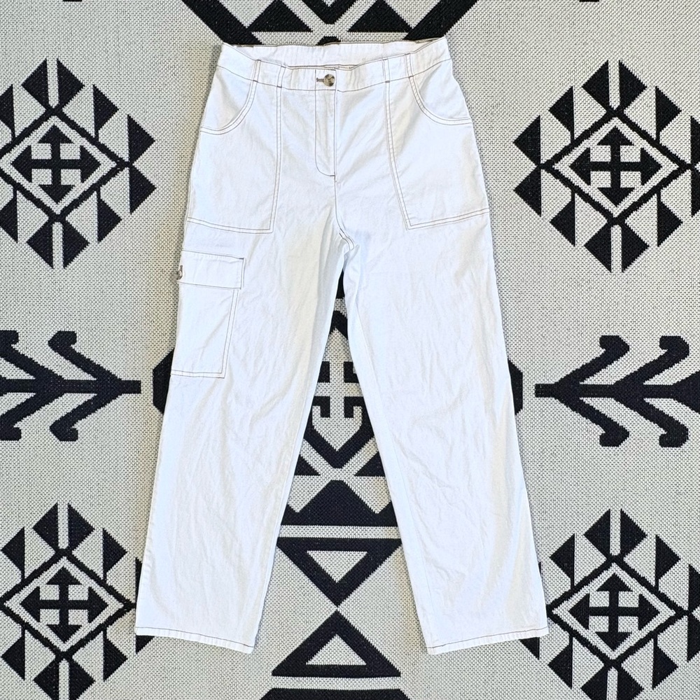 Joie White Contrast Stitch High Waisted Straight Leg Cargo Pants Size 10